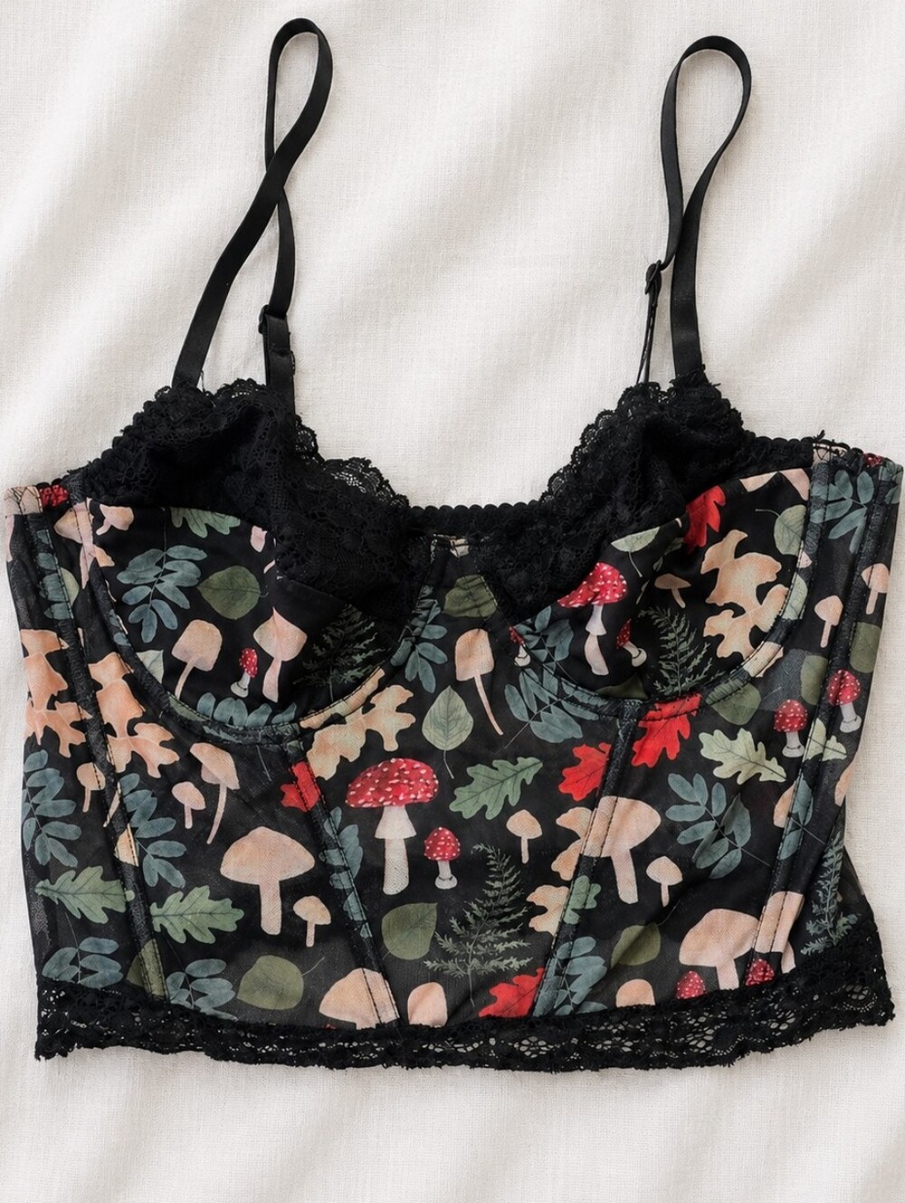 Romwe Black Mesh Cottagecore Mushroom Bustier Top Size M